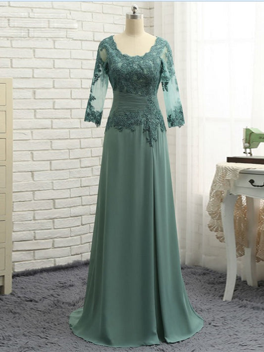 Arely A-Line/Princess Chiffon Applique Scoop 3/4 Sleeves Sweep/Brush Train Mother of the Bride Dresses DZP0020418