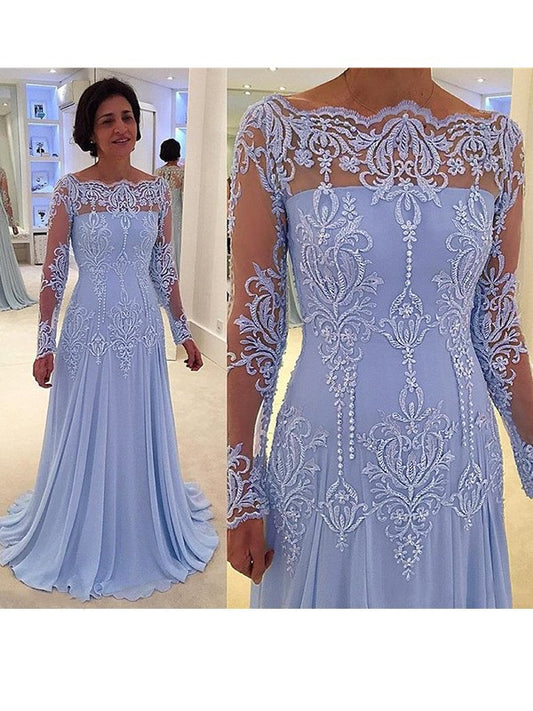 Eliza A-Line/Princess Chiffon Applique Scoop Long Sleeves Sweep/Brush Train Mother of the Bride Dresses DZP0020420