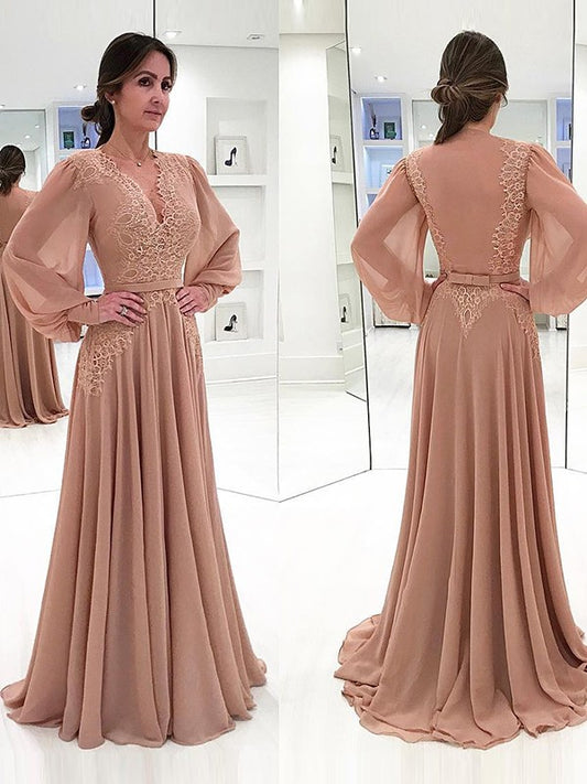 Emilee A-Line/Princess Chiffon Lace V-neck Long Sleeves Sweep/Brush Train Mother of the Bride Dresses DZP0020421