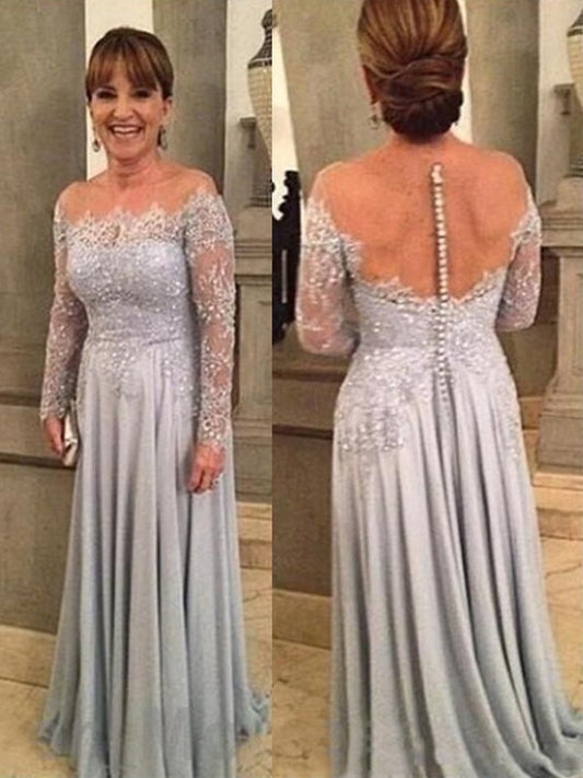 Karly A-Line/Princess Chiffon Lace Scoop Long Sleeves Sweep/Brush Train Mother of the Bride Dresses DZP0020372