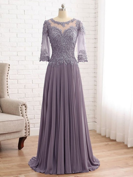 Genevieve A-Line/Princess Chiffon Lace Scoop 3/4 Sleeves Sweep/Brush Train Mother of the Bride Dresses DZP0020455