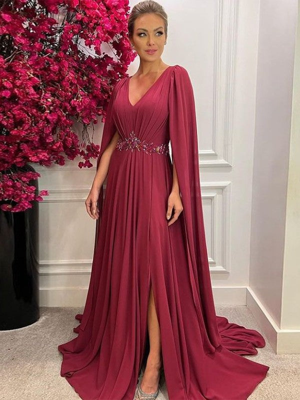 Jamiya A-Line/Princess Chiffon Ruched V-neck Long Sleeves Court Train Mother of the Bride Dresses DZP0020287