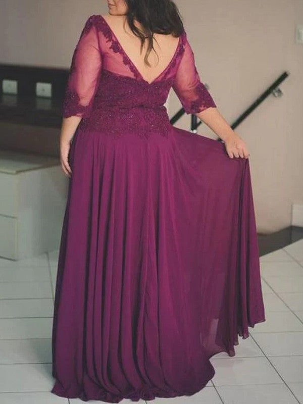 Allie A-Line/Princess Chiffon Applique Scoop 3/4 Sleeves Floor-Length Mother of the Bride Dresses DZP0020289