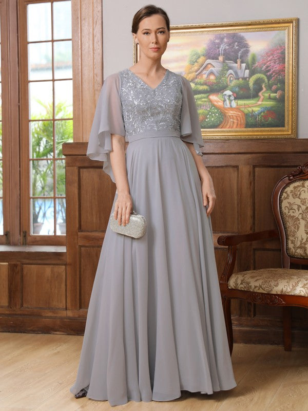 Alivia A-Line/Princess Chiffon Applique V-neck 1/2 Sleeves Floor-Length Mother of the Bride Dresses DZP0020334