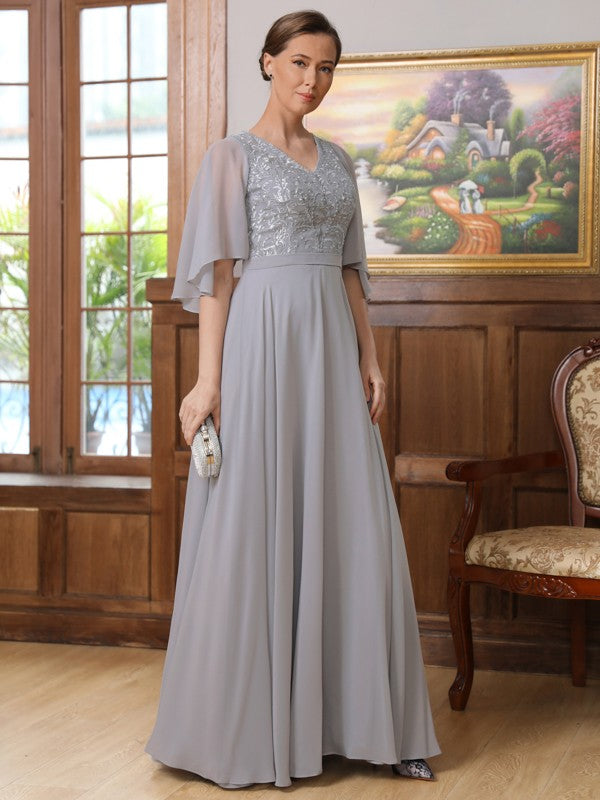Alivia A-Line/Princess Chiffon Applique V-neck 1/2 Sleeves Floor-Length Mother of the Bride Dresses DZP0020334