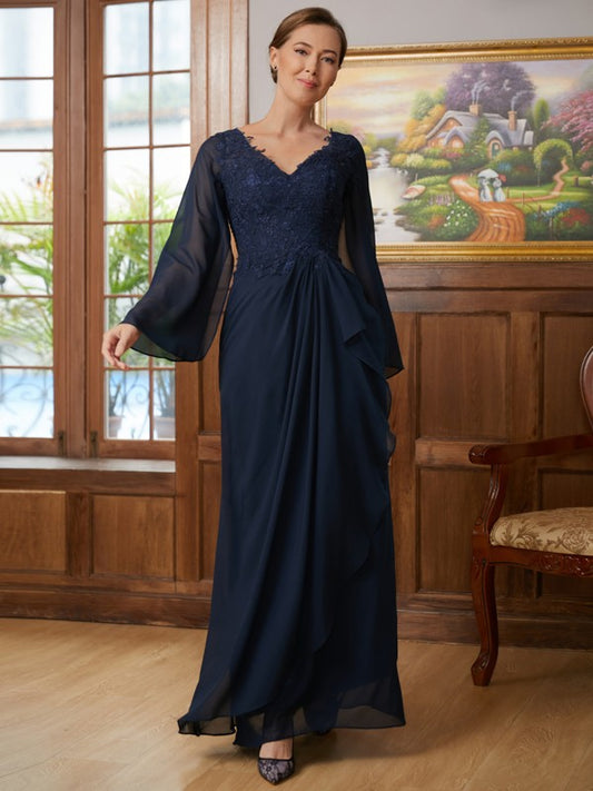 Willow A-Line/Princess Chiffon Applique V-neck Long Sleeves Floor-Length Mother of the Bride Dresses DZP0020335