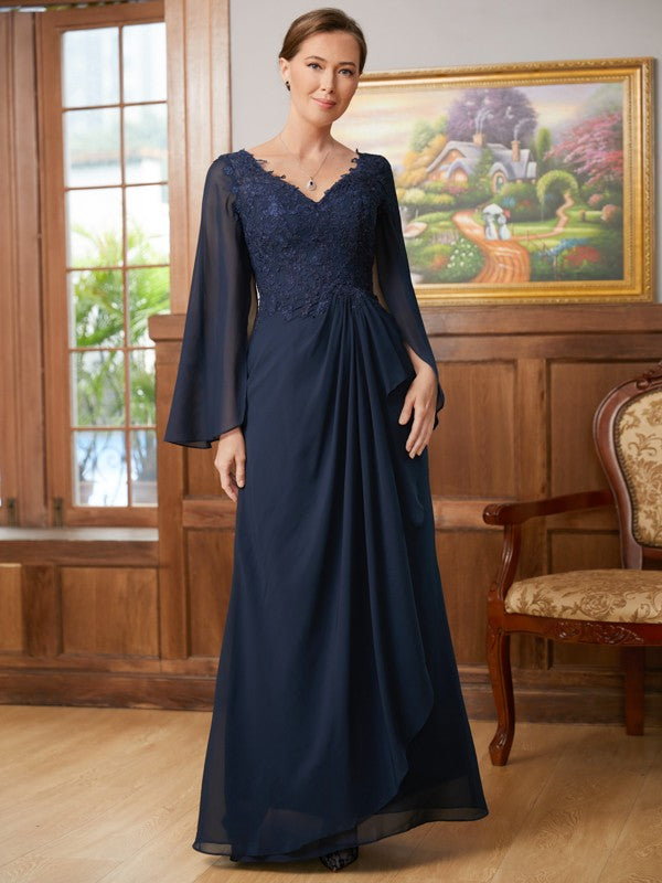 Willow A-Line/Princess Chiffon Applique V-neck Long Sleeves Floor-Length Mother of the Bride Dresses DZP0020335