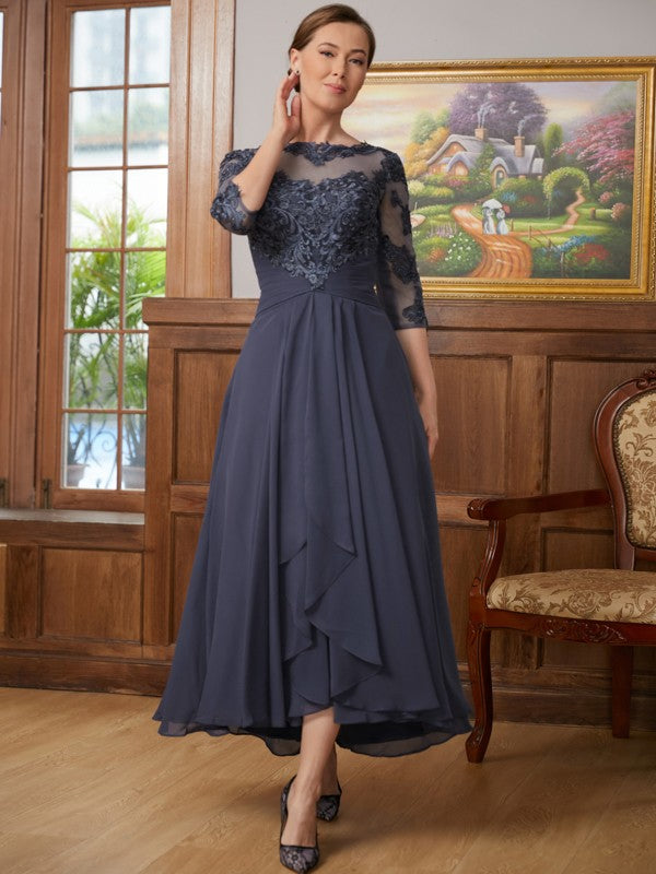 Hazel A-Line/Princess Chiffon Applique Scoop 3/4 Sleeves Asymmetrical Mother of the Bride Dresses DZP0020346