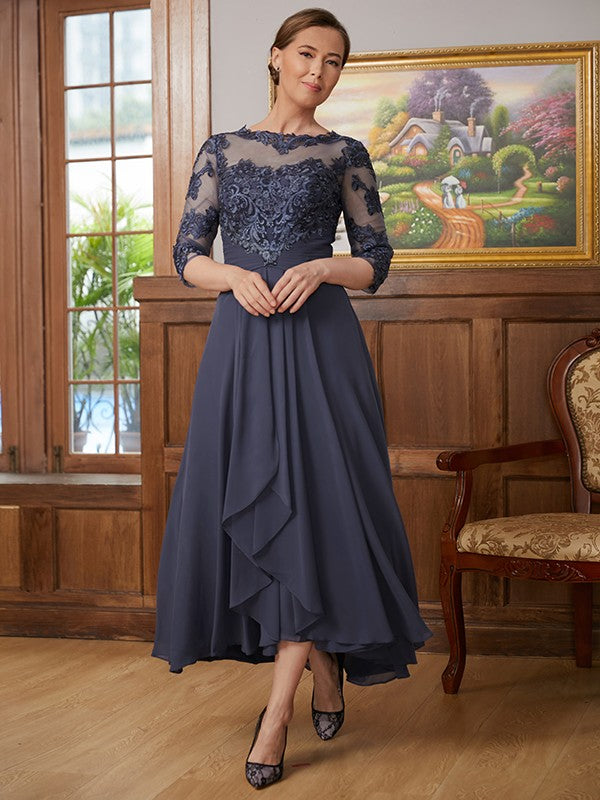Hazel A-Line/Princess Chiffon Applique Scoop 3/4 Sleeves Asymmetrical Mother of the Bride Dresses DZP0020346