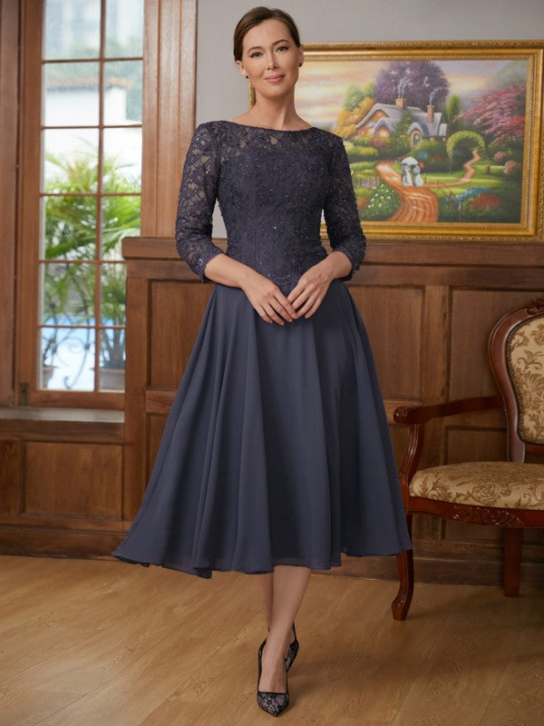 Ivy A-Line/Princess Chiffon Lace Scoop 3/4 Sleeves Tea-Length Mother of the Bride Dresses DZP0020347