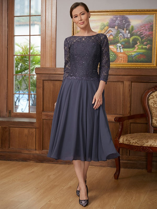 Ivy A-Line/Princess Chiffon Lace Scoop 3/4 Sleeves Tea-Length Mother of the Bride Dresses DZP0020347