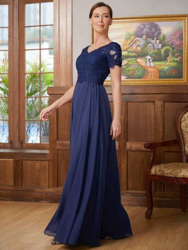 Jaycee A-Line/Princess Chiffon Lace V-neck Short Sleeves Floor-Length Mother of the Bride Dresses DZP0020311