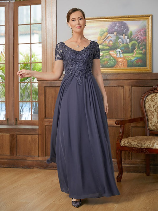 Leah A-Line/Princess Chiffon Applique V-neck Short Sleeves Floor-Length Mother of the Bride Dresses DZP0020337