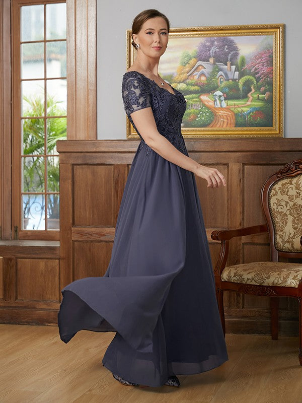 Leah A-Line/Princess Chiffon Applique V-neck Short Sleeves Floor-Length Mother of the Bride Dresses DZP0020337