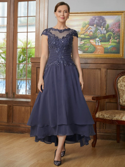 Natalee A-Line/Princess Chiffon Applique Scoop Short Sleeves Asymmetrical Mother of the Bride Dresses DZP0020307