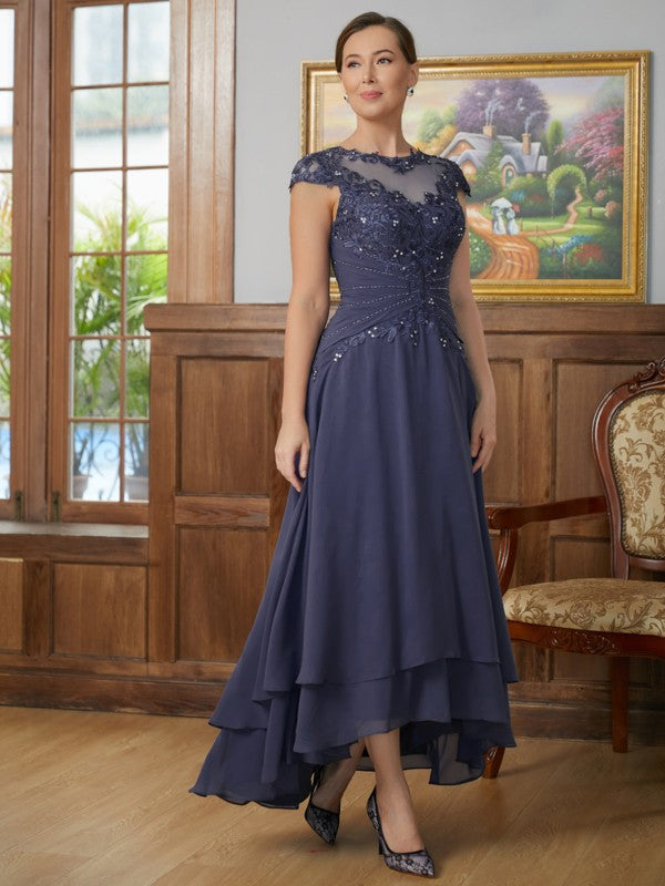 Natalee A-Line/Princess Chiffon Applique Scoop Short Sleeves Asymmetrical Mother of the Bride Dresses DZP0020307