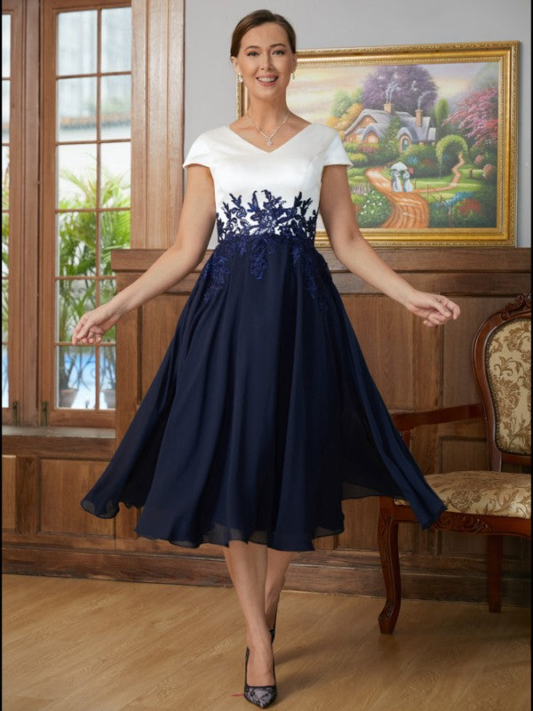 Megan A-Line/Princess Chiffon Applique V-neck Short Sleeves Tea-Length Mother of the Bride Dresses DZP0020349