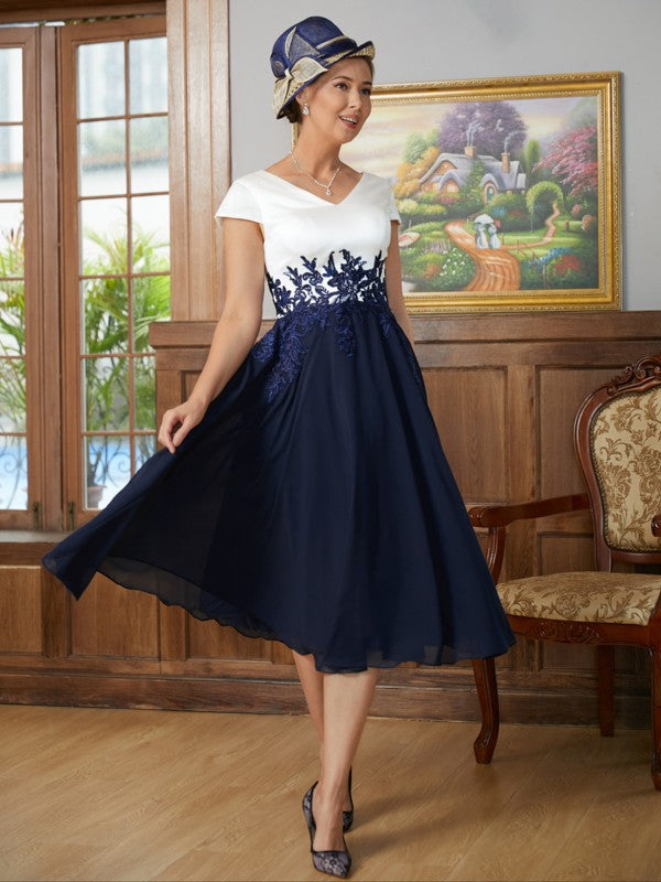 Megan A-Line/Princess Chiffon Applique V-neck Short Sleeves Tea-Length Mother of the Bride Dresses DZP0020349