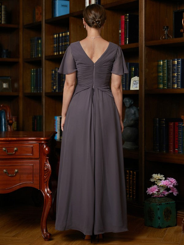 Maria A-Line/Princess Chiffon Ruched V-neck Short Sleeves Floor-Length Mother of the Bride Dresses DZP0020304