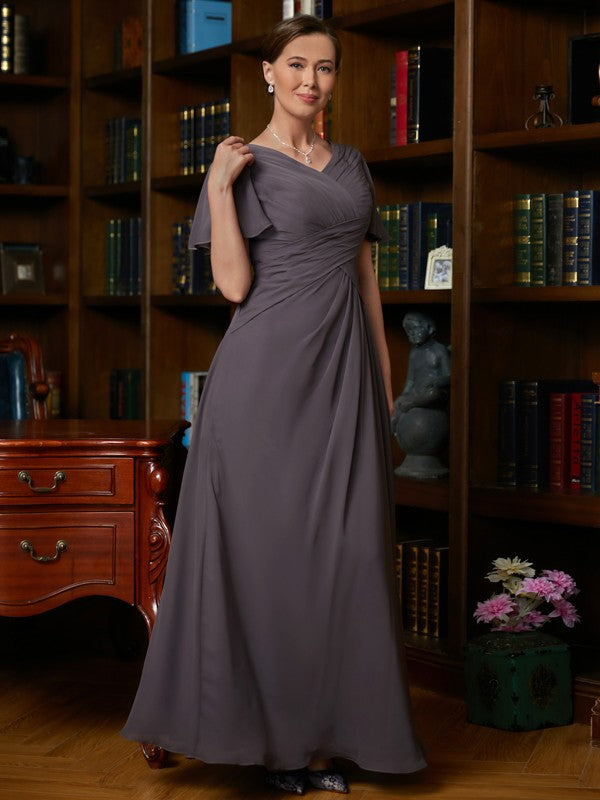 Maria A-Line/Princess Chiffon Ruched V-neck Short Sleeves Floor-Length Mother of the Bride Dresses DZP0020304