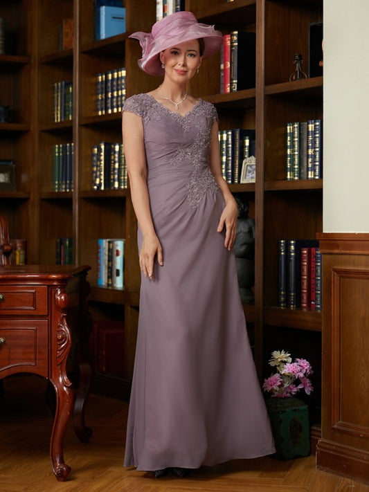 Josephine Sheath/Column Chiffon Lace V-neck Short Sleeves Floor-Length Mother of the Bride Dresses DZP0020339