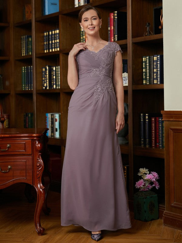 Josephine Sheath/Column Chiffon Lace V-neck Short Sleeves Floor-Length Mother of the Bride Dresses DZP0020339