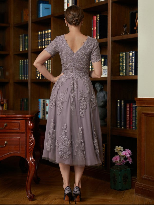 Skylar A-Line/Princess Chiffon Lace Scoop Short Sleeves Tea-Length Mother of the Bride Dresses DZP0020302