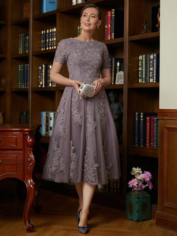 Skylar A-Line/Princess Chiffon Lace Scoop Short Sleeves Tea-Length Mother of the Bride Dresses DZP0020302