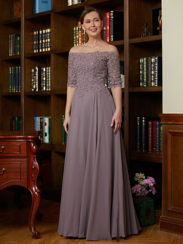 Addisyn A-Line/Princess Chiffon Applique Off-the-Shoulder 3/4 Sleeves Floor-Length Mother of the Bride Dresses DZP0020308