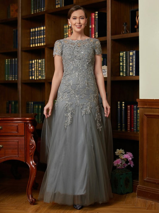 Kaylynn A-Line/Princess Tulle Lace Scoop Short Sleeves Floor-Length Mother of the Bride Dresses DZP0020310