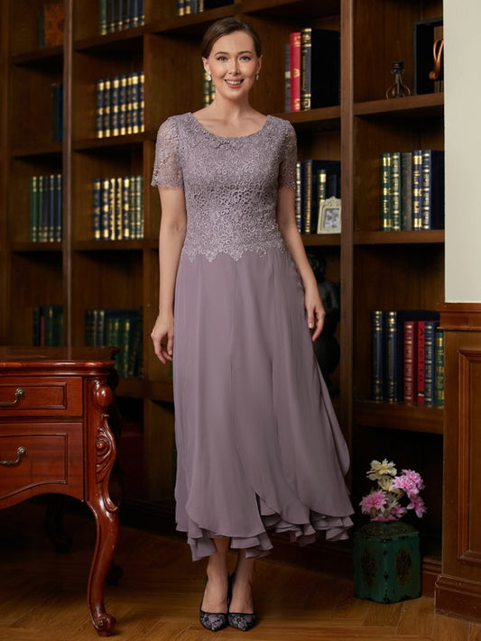 Claudia A-Line/Princess Chiffon Lace Scoop Short Sleeves Ankle-Length Mother of the Bride Dresses DZP0020353