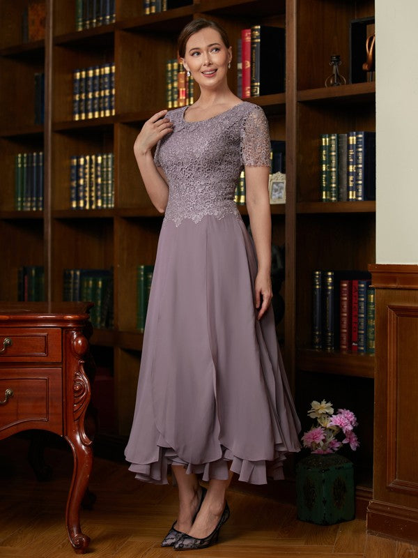 Claudia A-Line/Princess Chiffon Lace Scoop Short Sleeves Ankle-Length Mother of the Bride Dresses DZP0020353