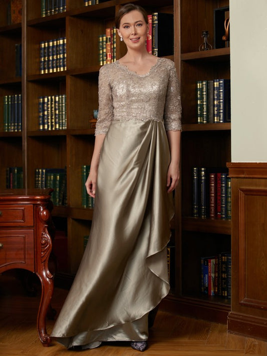Cassandra A-Line/Princess Silk Like Satin Lace V-neck 3/4 Sleeves Sweep/Brush Train Mother of the Bride Dresses DZP0020342