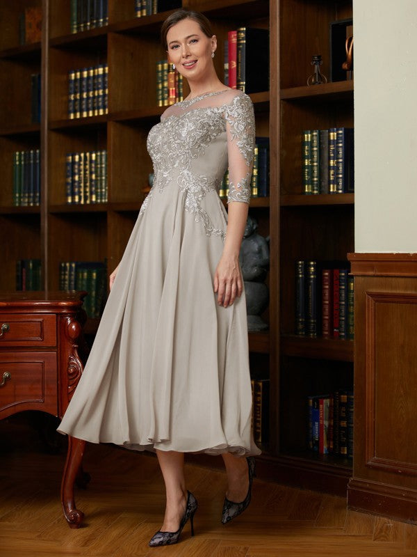 Tabitha A-Line/Princess Chiffon Lace Scoop 3/4 Sleeves Tea-Length Mother of the Bride Dresses DZP0020300