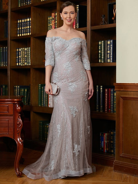 June Sheath/Column Lace Applique Off-the-Shoulder 3/4 Sleeves Sweep/Brush Train Mother of the Bride Dresses DZP0020331
