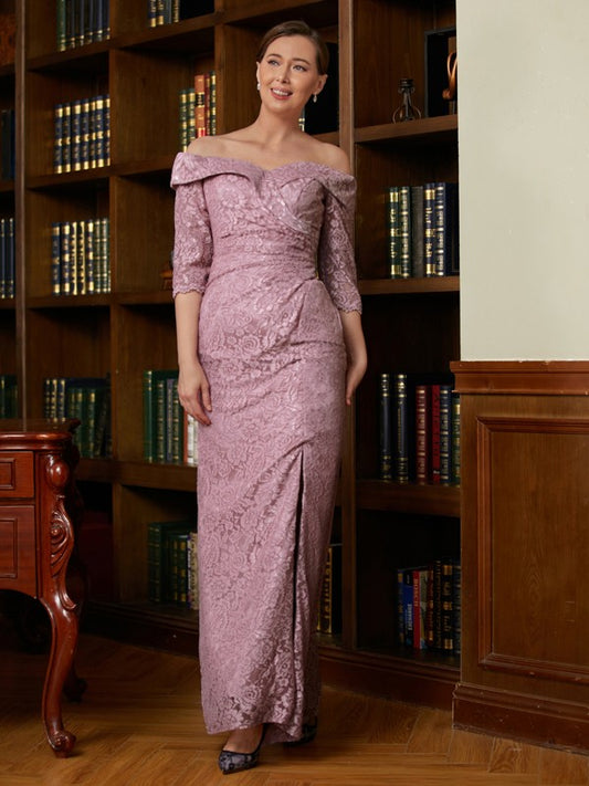 Hazel Sheath/Column Satin Lace Off-the-Shoulder 3/4 Sleeves Floor-Length Mother of the Bride Dresses DZP0020343