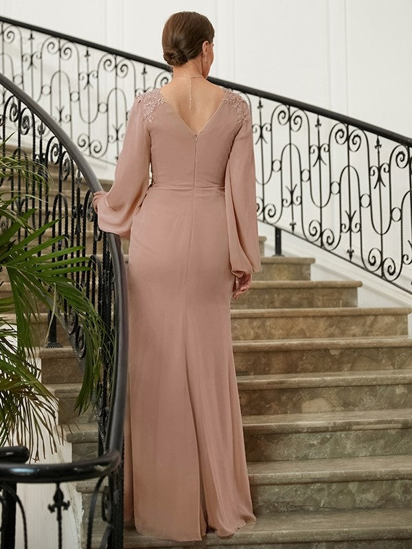Selah A-Line/Princess Chiffon Applique V-neck Long Sleeves Floor-Length Mother of the Bride Dresses DZP0020313