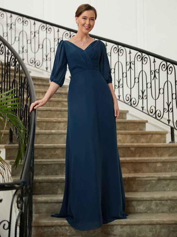 Aniya A-Line/Princess Chiffon Ruched V-neck 1/2 Sleeves Floor-Length Mother of the Bride Dresses DZP0020344