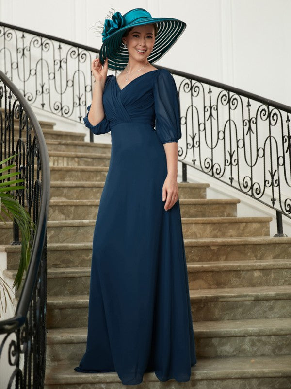Aniya A-Line/Princess Chiffon Ruched V-neck 1/2 Sleeves Floor-Length Mother of the Bride Dresses DZP0020344