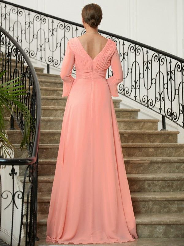 Jade A-Line/Princess Chiffon Ruched V-neck Long Sleeves Sweep/Brush Train Mother of the Bride Dresses DZP0020305