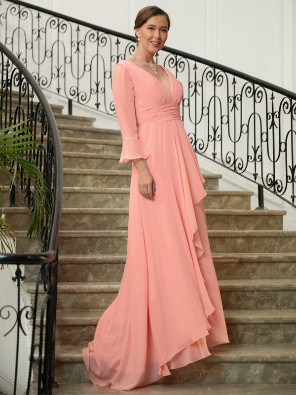 Jade A-Line/Princess Chiffon Ruched V-neck Long Sleeves Sweep/Brush Train Mother of the Bride Dresses DZP0020305