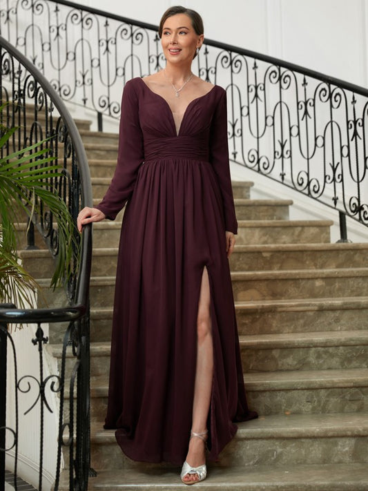 Phyllis A-Line/Princess Chiffon Ruched V-neck Long Sleeves Floor-Length Mother of the Bride Dresses DZP0020345