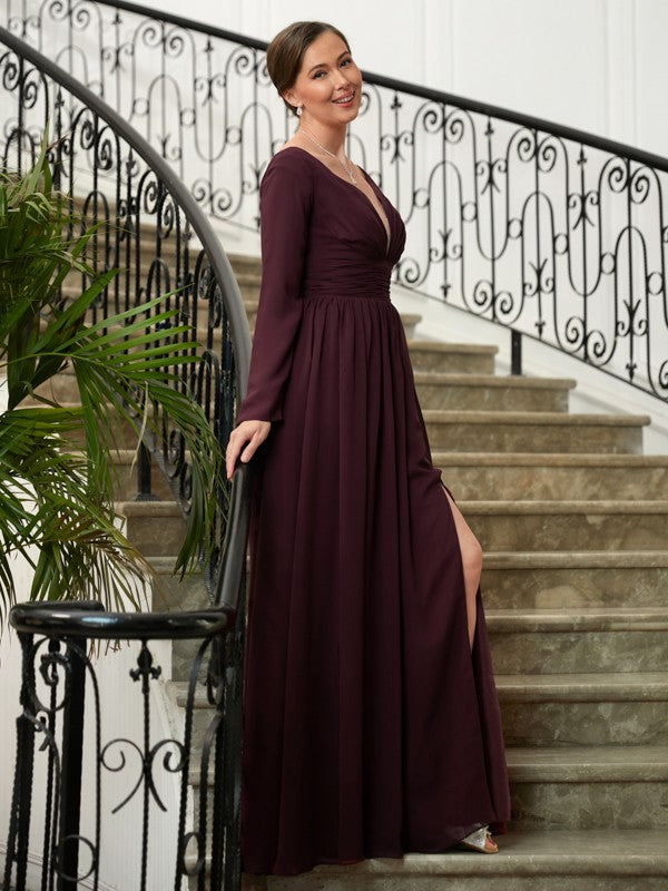 Phyllis A-Line/Princess Chiffon Ruched V-neck Long Sleeves Floor-Length Mother of the Bride Dresses DZP0020345