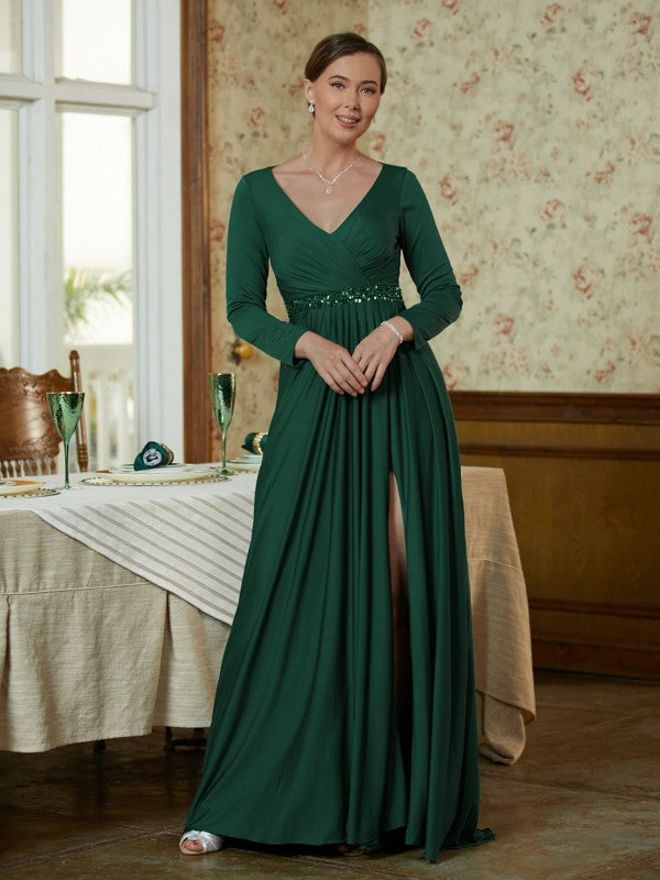 Isla A-Line/Princess Jersey Beading V-neck Long Sleeves Sweep/Brush Train Mother of the Bride Dresses DZP0020357