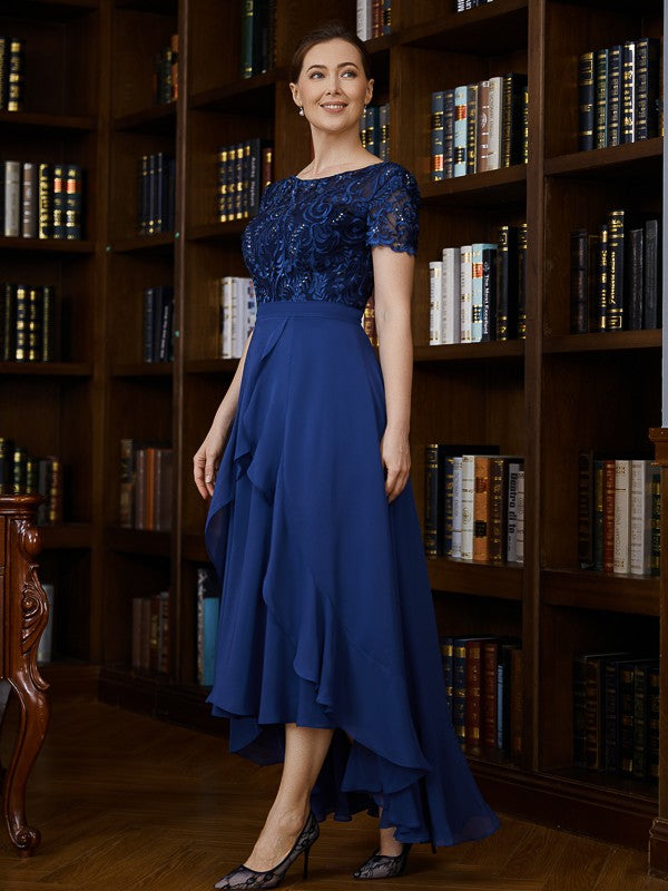 Yadira A-Line/Princess Chiffon Applique Bateau Short Sleeves Asymmetrical Mother of the Bride Dresses DZP0020281
