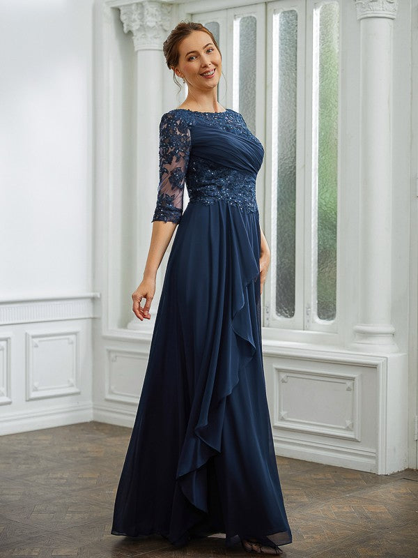 Kyla A-Line/Princess Chiffon Applique Bateau 3/4 Sleeves Floor-Length Mother of the Bride Dresses DZP0020276