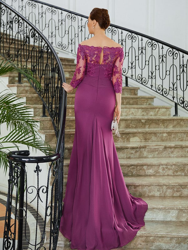 Heidy Sheath/Column Chiffon Applique Off-the-Shoulder 3/4 Sleeves Sweep/Brush Train Mother of the Bride Dresses DZP0020278