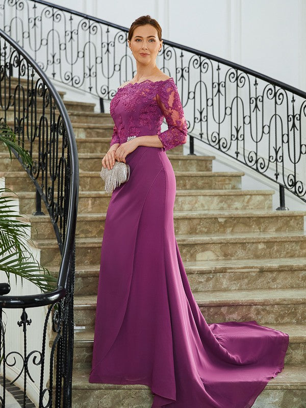 Heidy Sheath/Column Chiffon Applique Off-the-Shoulder 3/4 Sleeves Sweep/Brush Train Mother of the Bride Dresses DZP0020278