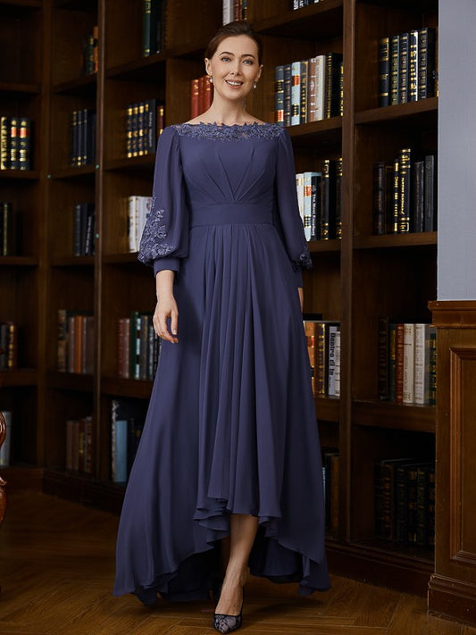 Justine A-Line/Princess Chiffon Ruched Bateau 3/4 Sleeves Asymmetrical Mother of the Bride Dresses DZP0020265
