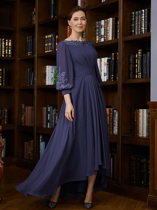 Justine A-Line/Princess Chiffon Ruched Bateau 3/4 Sleeves Asymmetrical Mother of the Bride Dresses DZP0020265
